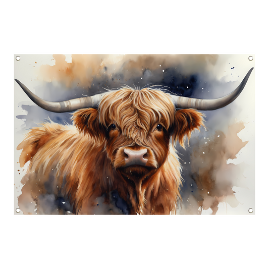 Highland koe portret met waterverf tuinposter