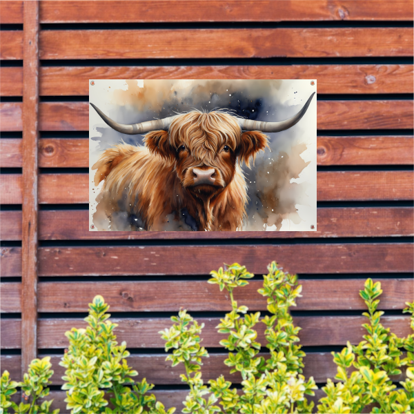 Highland koe portret met waterverf tuinposter