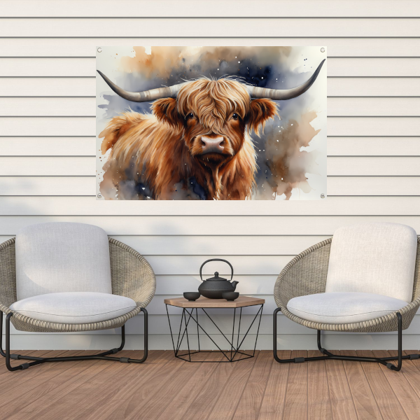 Highland koe portret met waterverf tuinposter