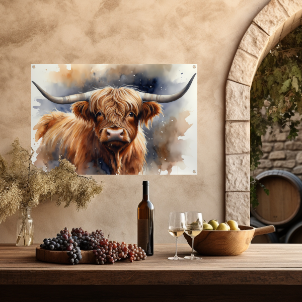 Highland koe portret met waterverf tuinposter