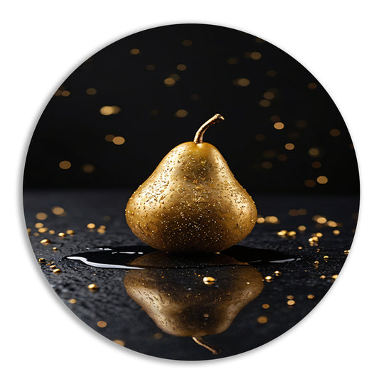 Gouden Peer met Glitters op Zwarte Ondergrond aluminium muurcirkel