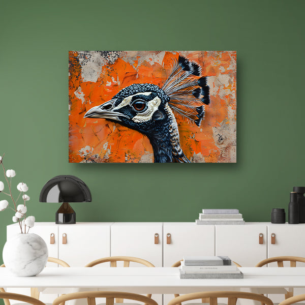 Realistisch schilderij van een pauw met abstracte achtergrond poster