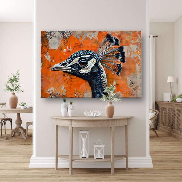 Realistisch schilderij van een pauw met abstracte achtergrond poster