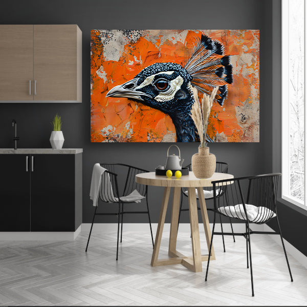 Realistisch schilderij van een pauw met abstracte achtergrond poster