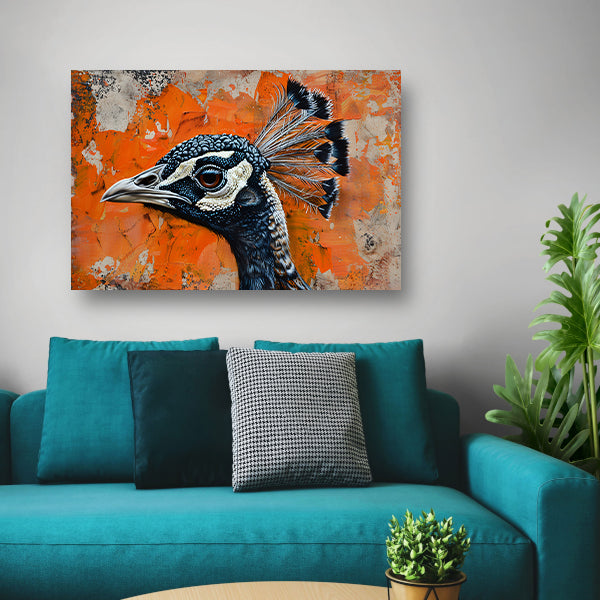 Realistisch schilderij van een pauw met abstracte achtergrond poster