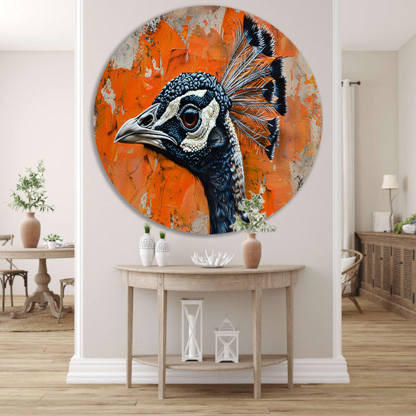 Realistisch schilderij van een pauw met abstracte achtergrond aluminium muurcirkel