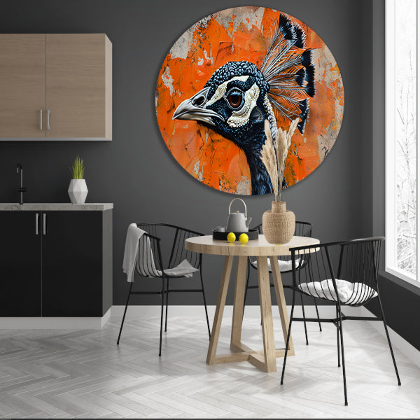 Realistisch schilderij van een pauw met abstracte achtergrond aluminium muurcirkel