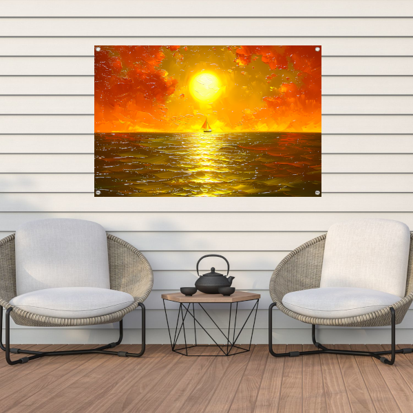 Prachtige zonsondergang met zeilboot op zee tuinposter