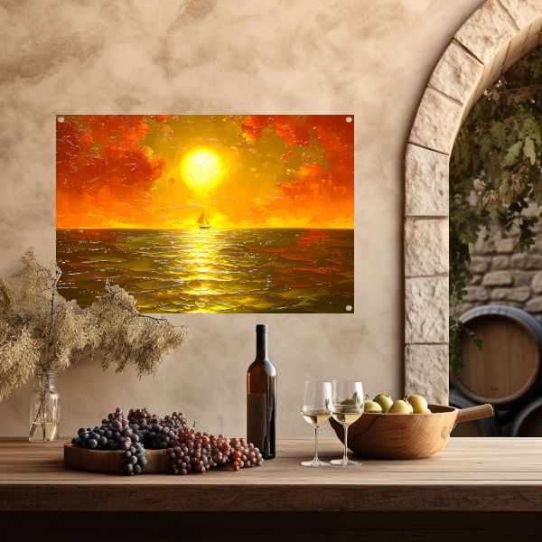 Prachtige zonsondergang met zeilboot op zee tuinposter