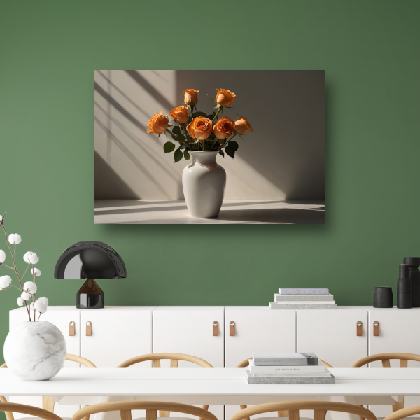 Elegante oranje rozen in witte vaas canvas