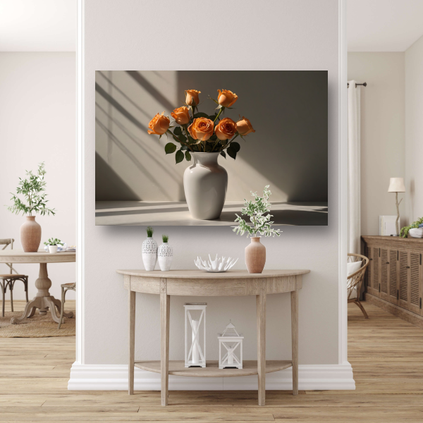 Elegante oranje rozen in witte vaas canvas