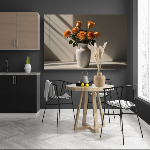 Elegante oranje rozen in witte vaas canvas