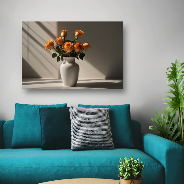 Elegante oranje rozen in witte vaas canvas