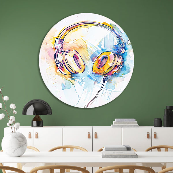 Kleurrijk Aquarel Koptelefoon Kunst aluminium muurcirkel