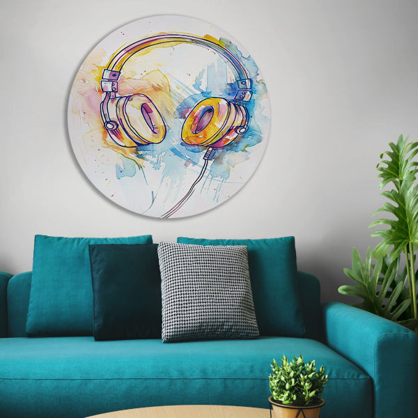 Kleurrijk Aquarel Koptelefoon Kunst aluminium muurcirkel