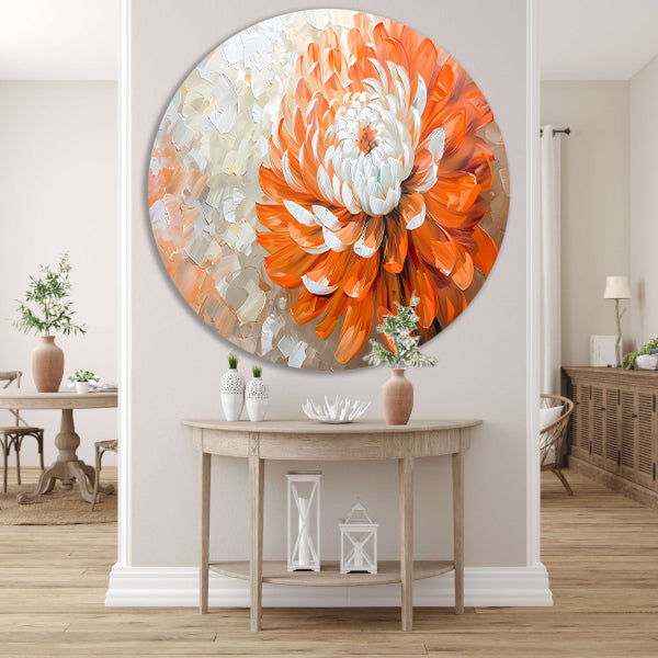 Abstract schilderij van oranje en witte bloem aluminium muurcirkel