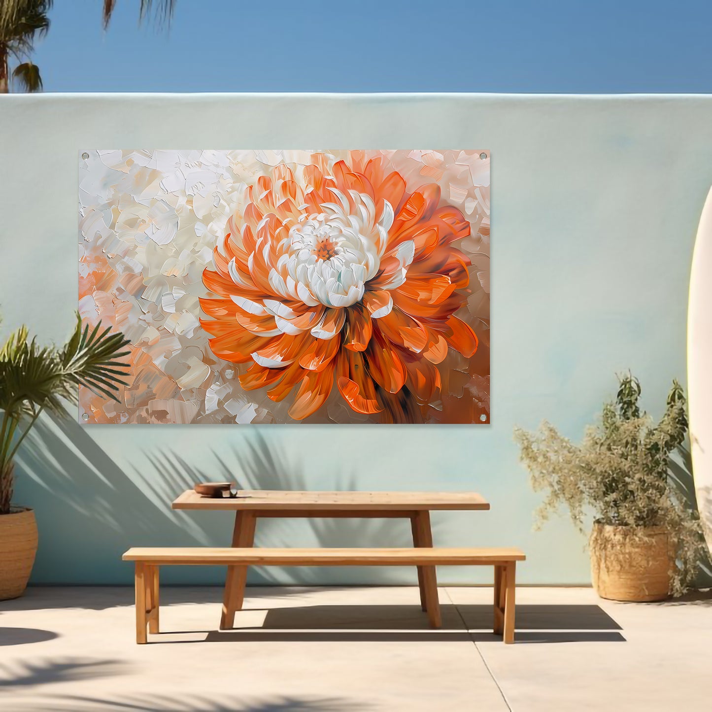 Abstract schilderij van oranje en witte bloem tuinposter