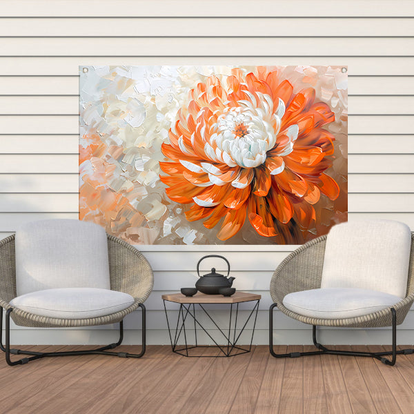 Abstract schilderij van oranje en witte bloem tuinposter
