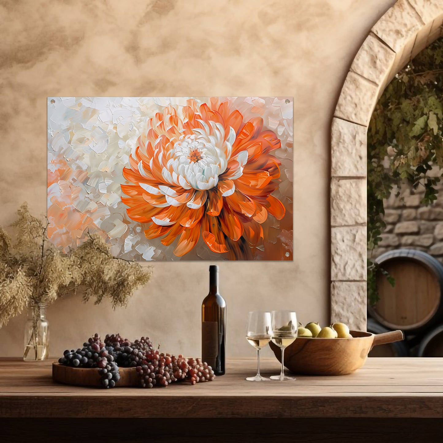 Abstract schilderij van oranje en witte bloem tuinposter
