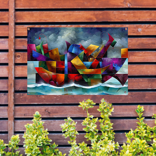 Abstracte Kleurenstorm met Golven en Boot tuinposter