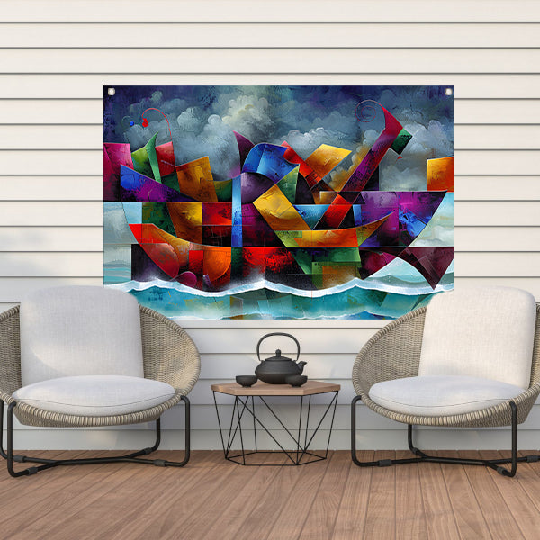 Abstracte Kleurenstorm met Golven en Boot tuinposter