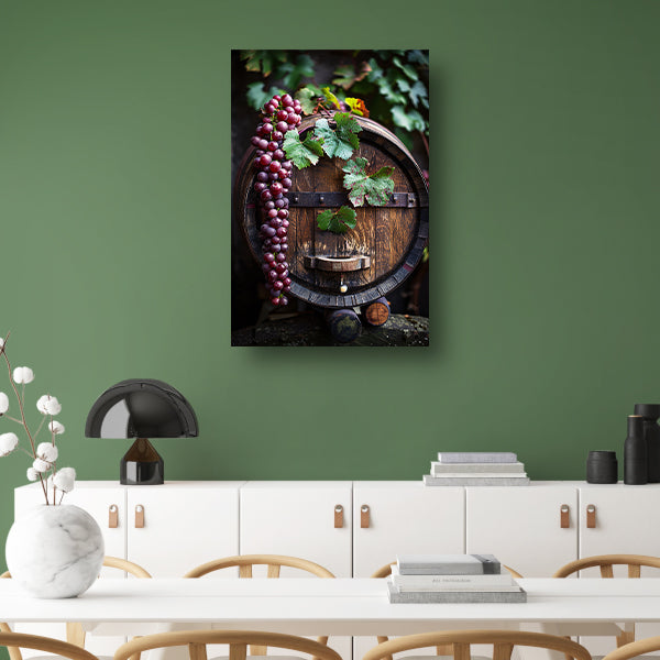 Tros Druiven en Houten Vat in Wijngaard poster