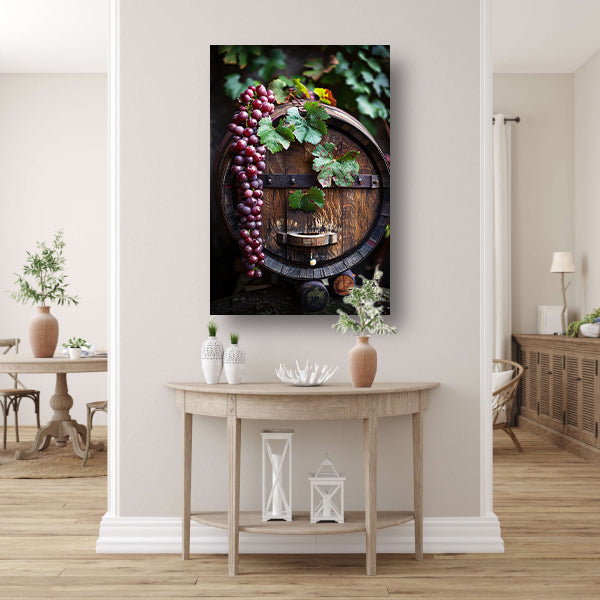 Tros Druiven en Houten Vat in Wijngaard poster