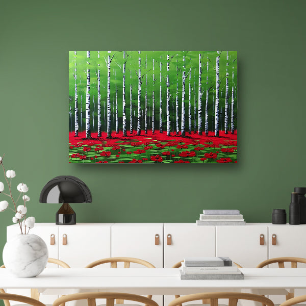 Abstract schilderij van bos met bloemen poster
