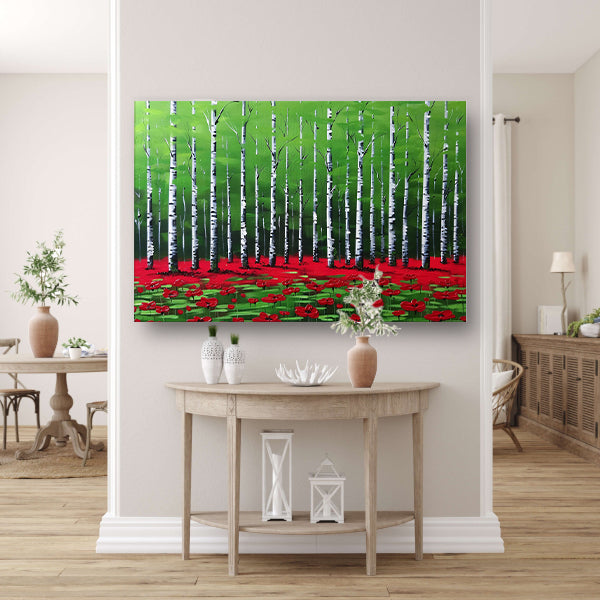 Abstract schilderij van bos met bloemen poster