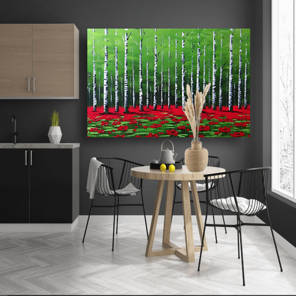 Abstract schilderij van bos met bloemen poster