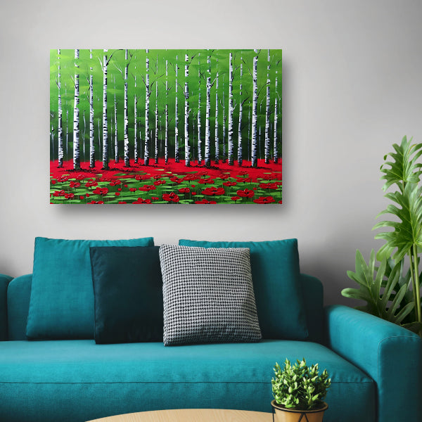 Abstract schilderij van bos met bloemen poster