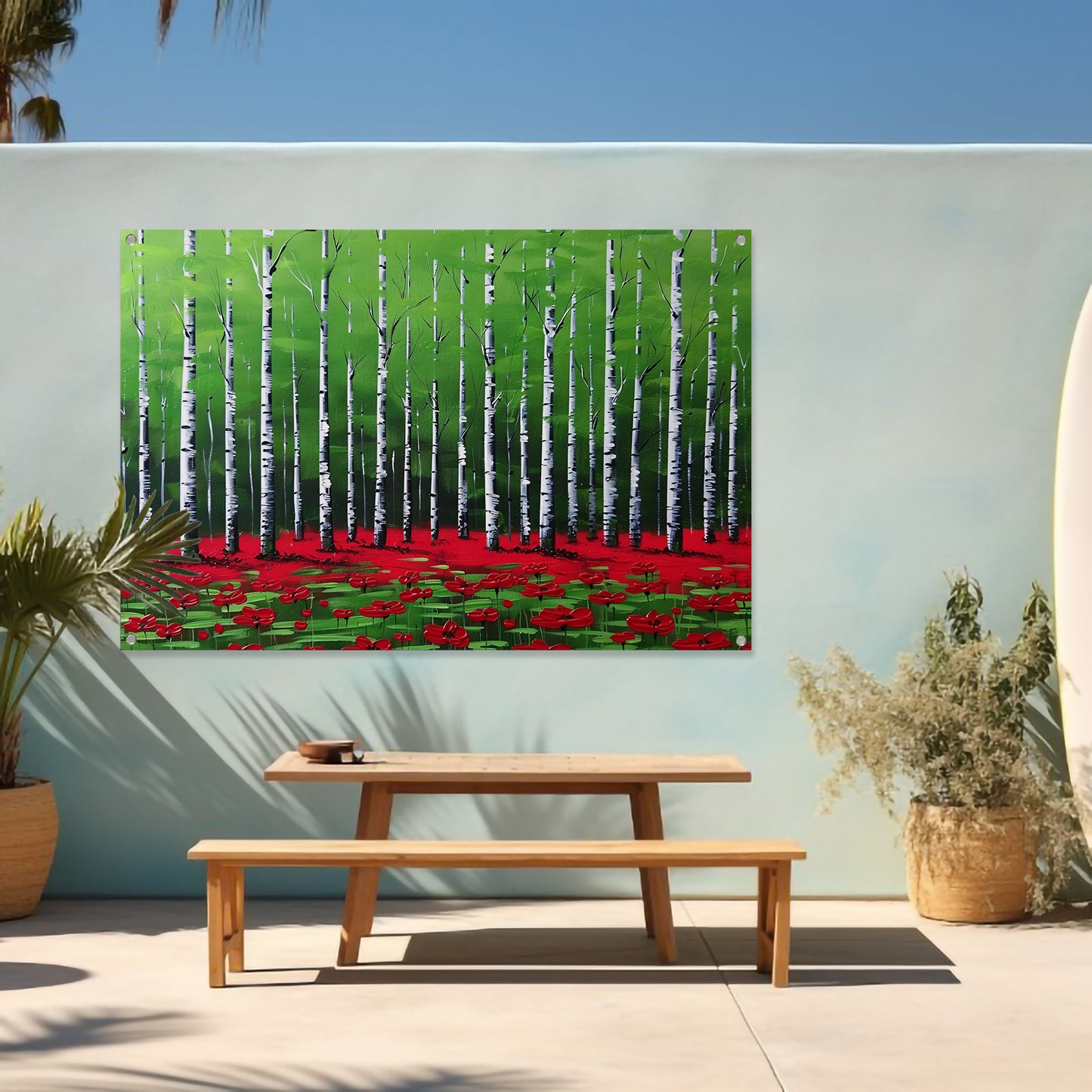 Abstract schilderij van bos met bloemen tuinposter