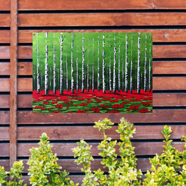 Abstract schilderij van bos met bloemen tuinposter