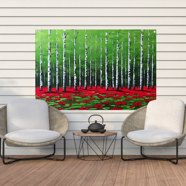 Abstract schilderij van bos met bloemen tuinposter