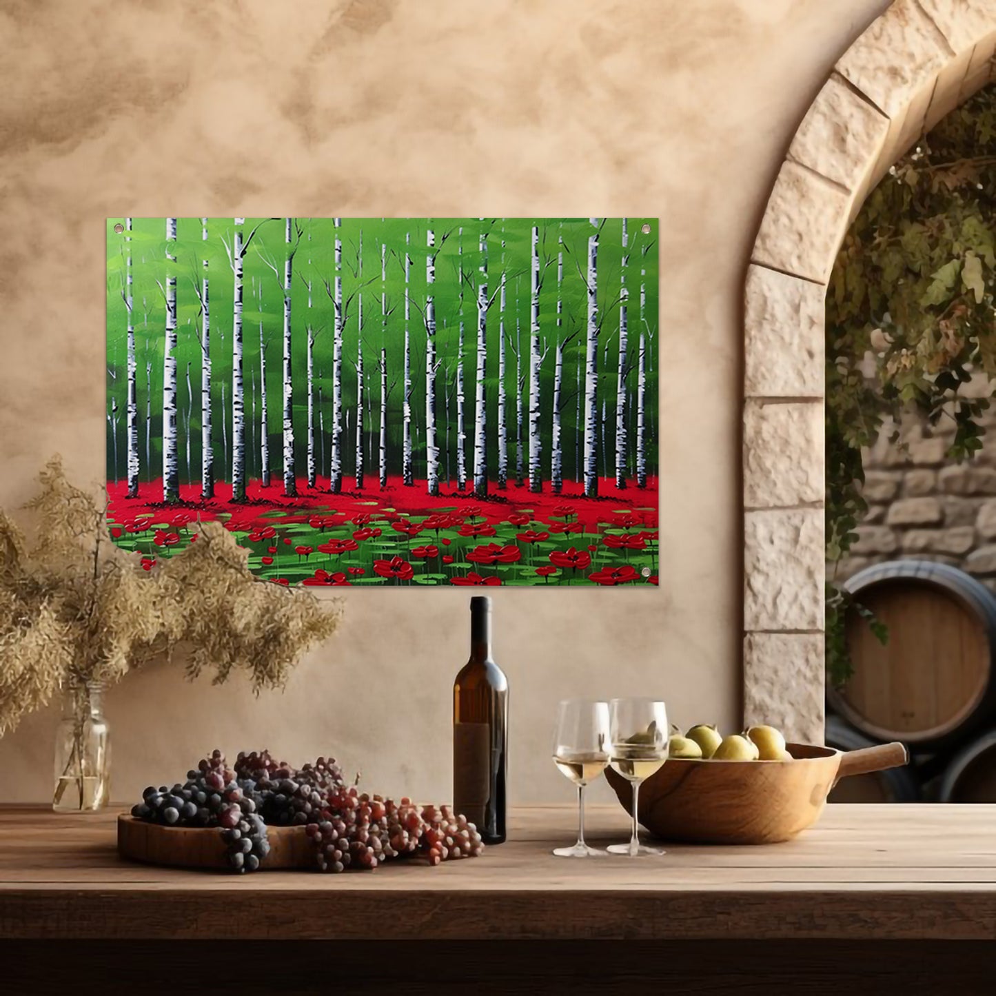 Abstract schilderij van bos met bloemen tuinposter