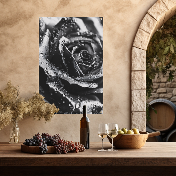 Zwart-witte roos met dauwdruppels close-up tuinposter