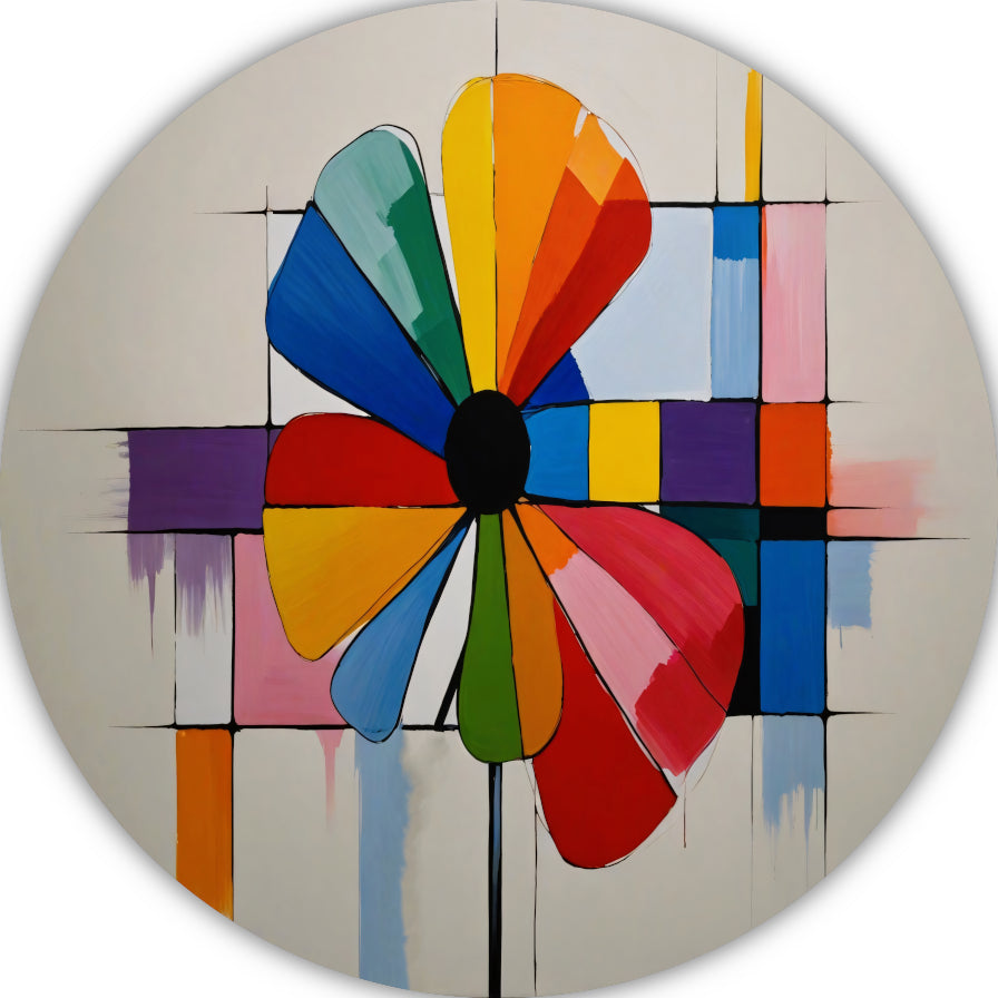Abstracte Bloem in Mondriaan Stijl aluminium muurcirkel