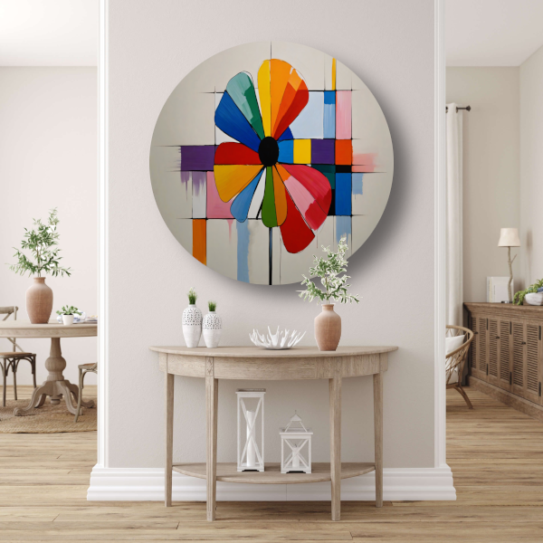 Abstracte Bloem in Mondriaan Stijl aluminium muurcirkel