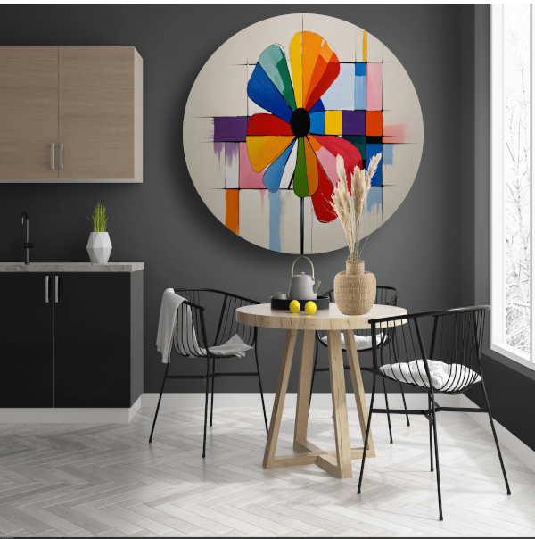 Abstracte Bloem in Mondriaan Stijl aluminium muurcirkel