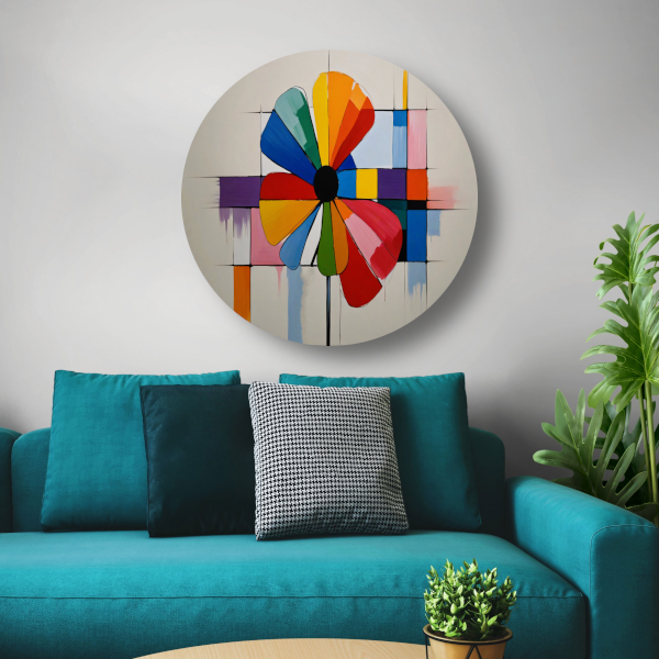 Abstracte Bloem in Mondriaan Stijl aluminium muurcirkel