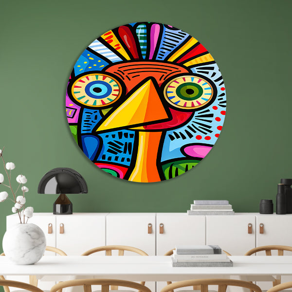 Kleurrijke abstracte vogel kunstprint aluminium muurcirkel