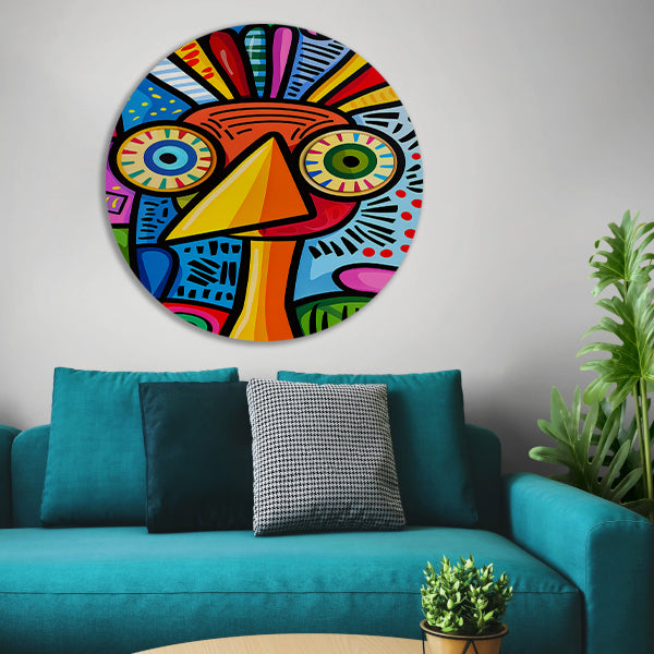 Kleurrijke abstracte vogel kunstprint aluminium muurcirkel