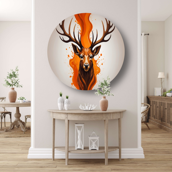 Vurige hertenkop met oranje abstractie aluminium muurcirkel