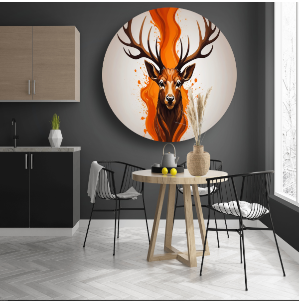 Vurige hertenkop met oranje abstractie aluminium muurcirkel