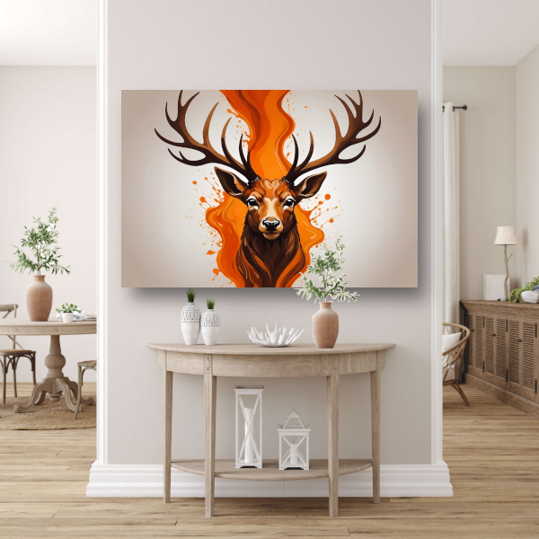 Vurige hertenkop met oranje abstractie canvas met baklijst