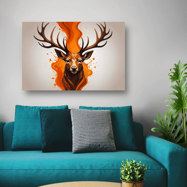 Vurige hertenkop met oranje abstractie canvas met baklijst