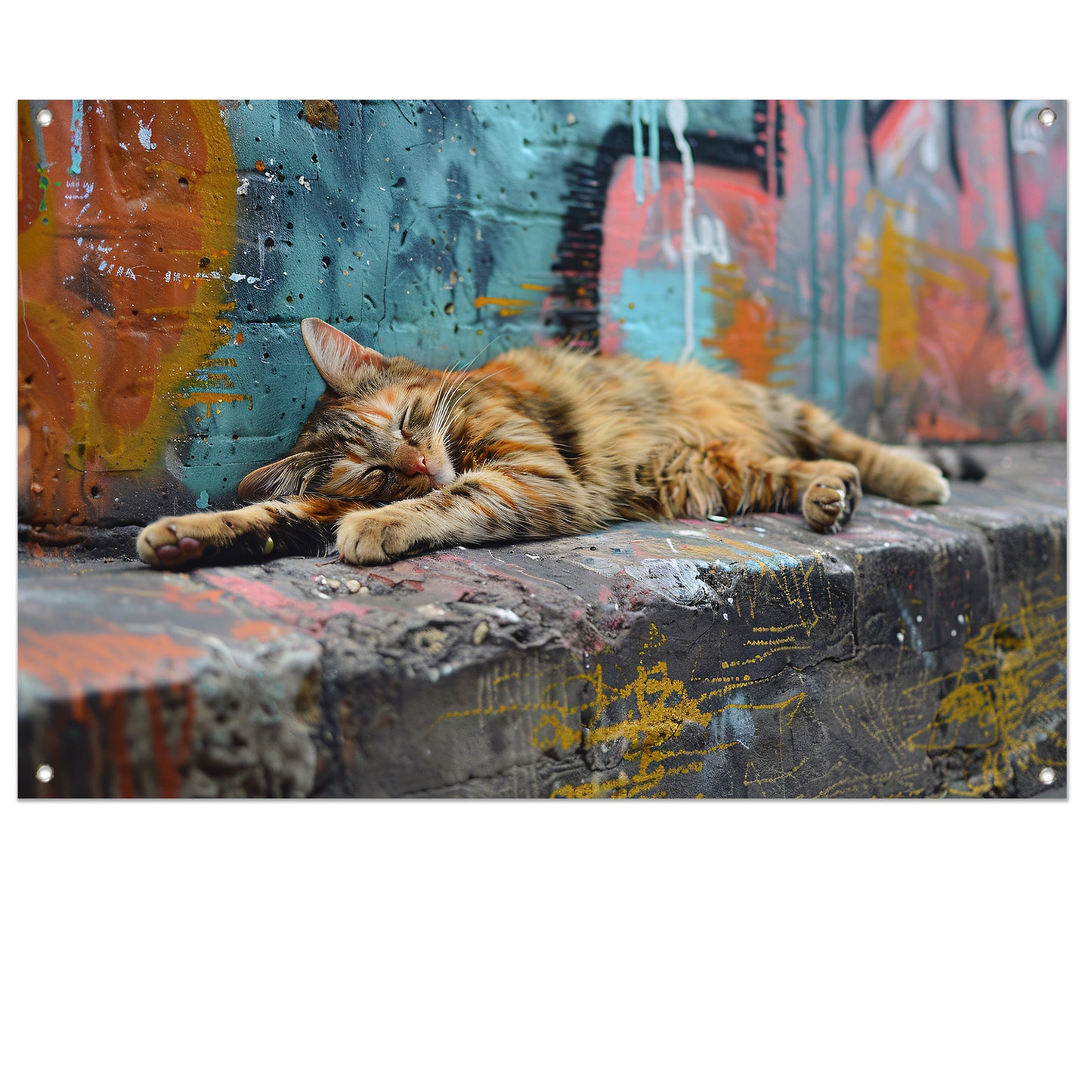 Slapende kat bij gekleurde muur tuinposter