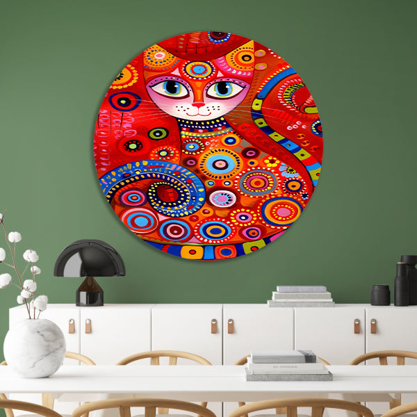 Kleurrijk abstract schilderij van een kat aluminium muurcirkel