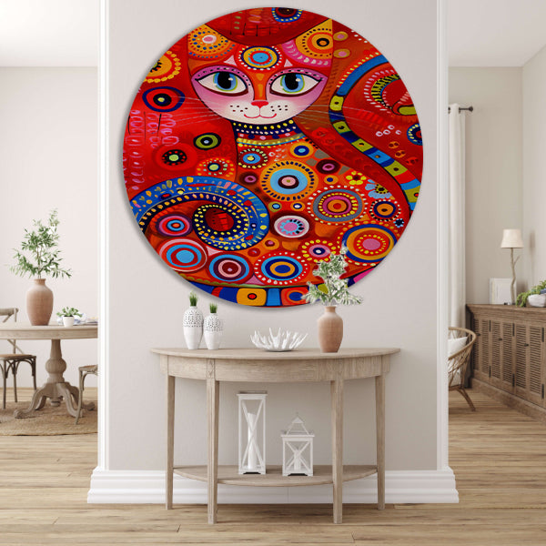 Kleurrijk abstract schilderij van een kat aluminium muurcirkel