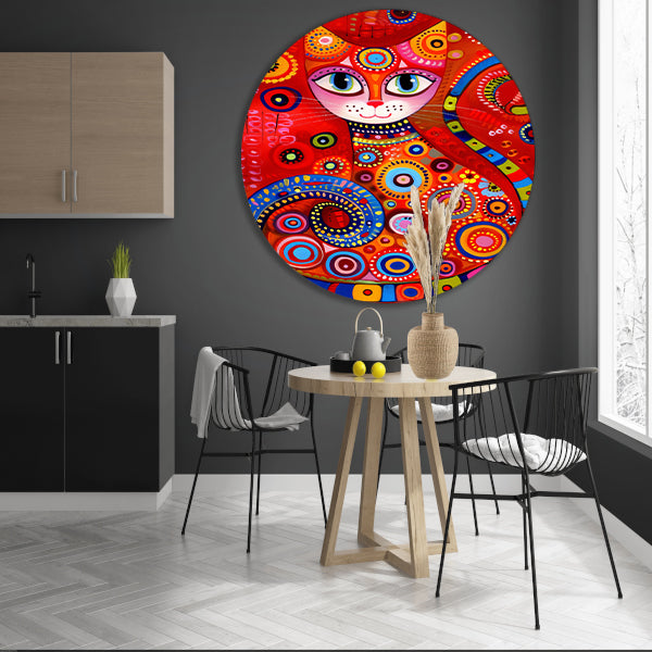 Kleurrijk abstract schilderij van een kat aluminium muurcirkel